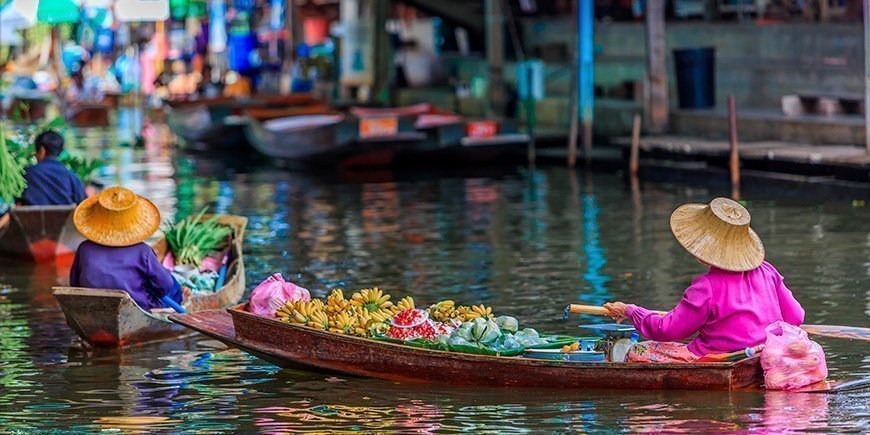Boats at the floating market in Bangkok, Thailand.