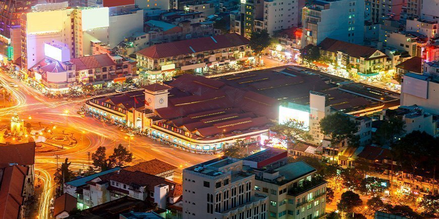 Ben Thanh Market in the evening in Ho Chi Minh City, Vietnam.